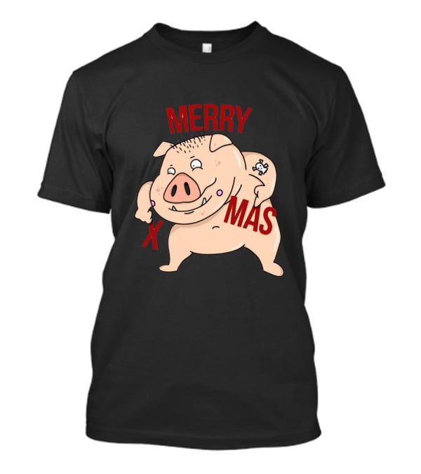 Merry Xmas Pig With Bone Tattoo T-Shirt