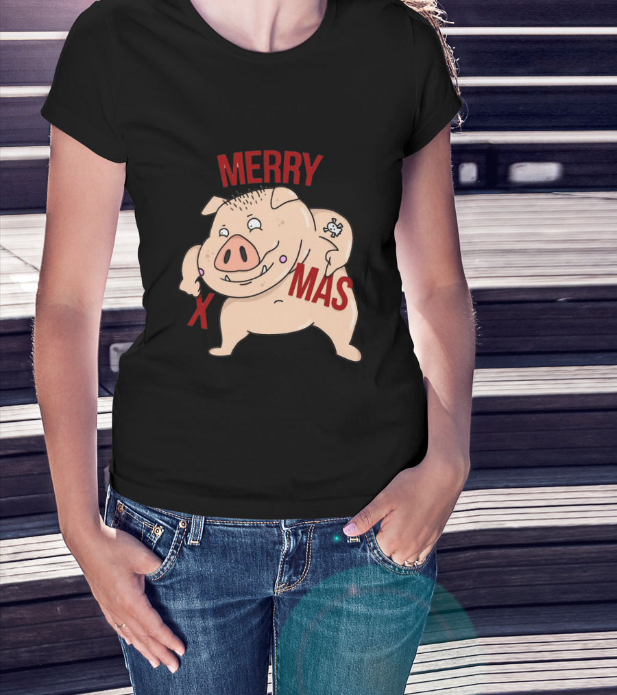 Merry Xmas Pig With Bone Tattoo T-Shirt