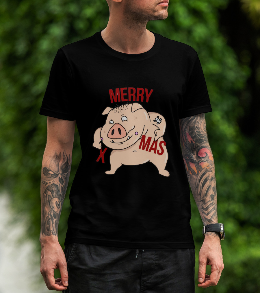 Merry Xmas Pig With Bone Tattoo T-Shirt