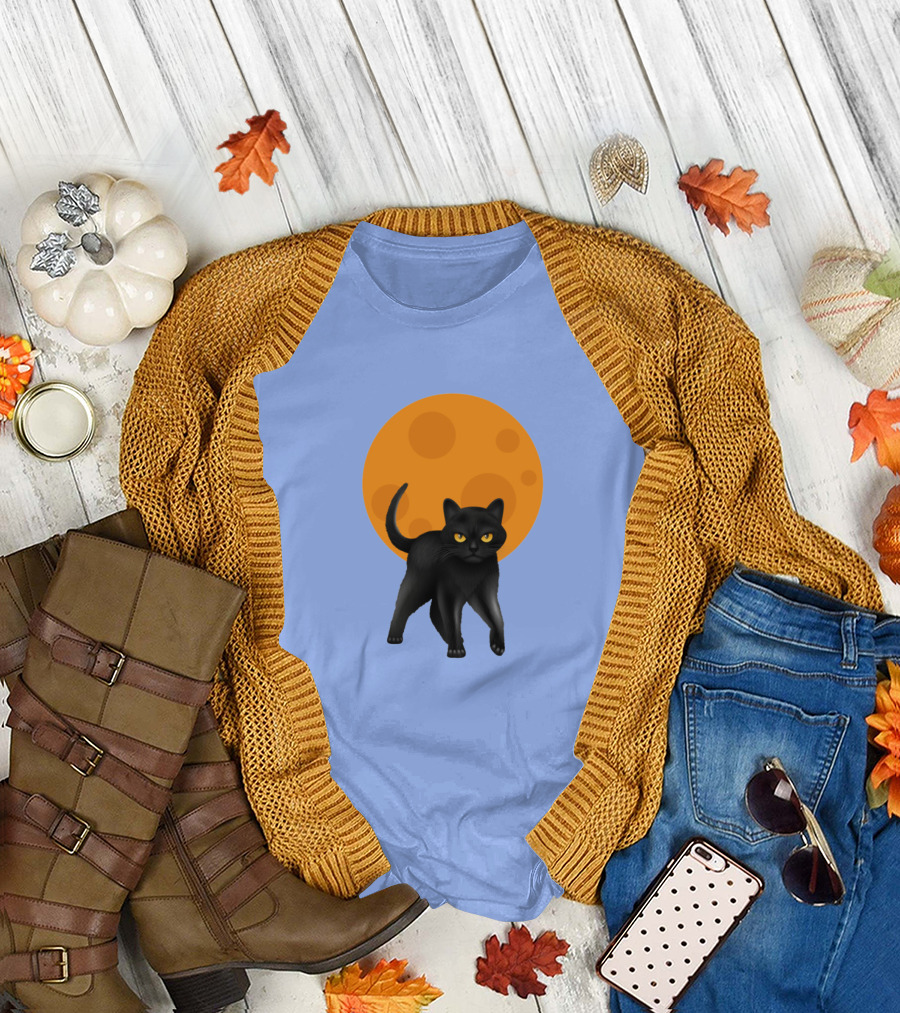Scary Halloween Black Cat with Full Moon Backdrop T-Shirt