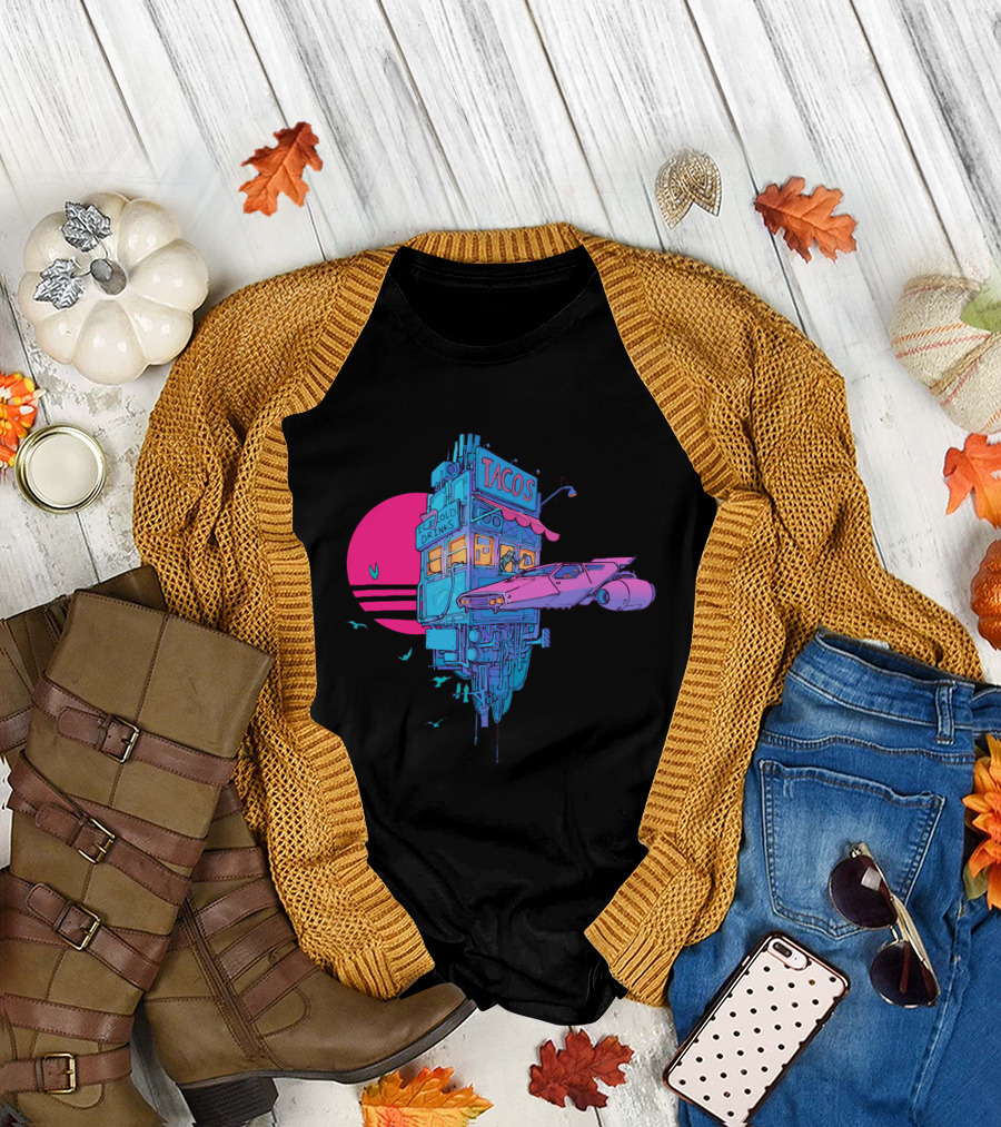 TACOS Cold Drinks Neon Future Cyberpunk Food Truck Scene T-Shirt