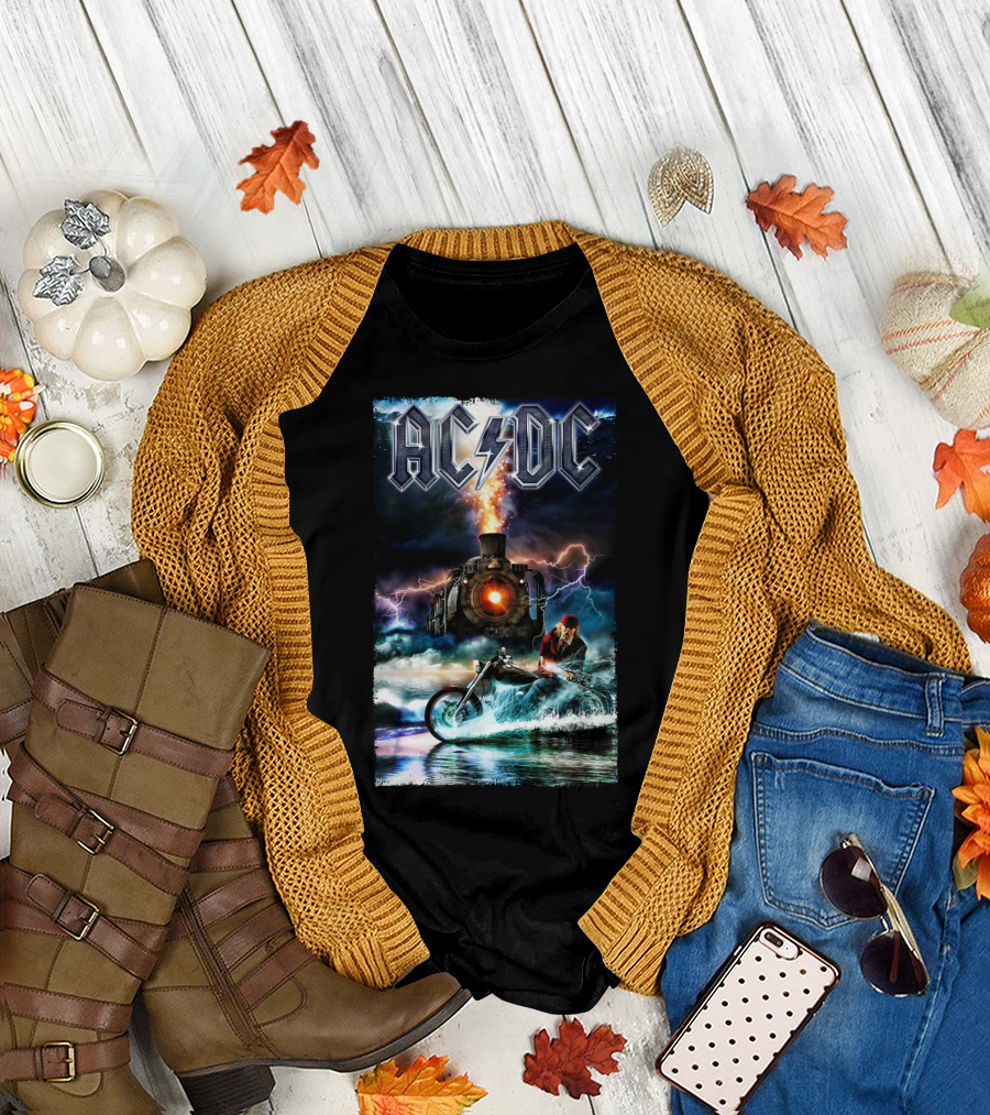 AC/DC Rock and Roll Train with Lightning and Motorbike Scene T-Shirt