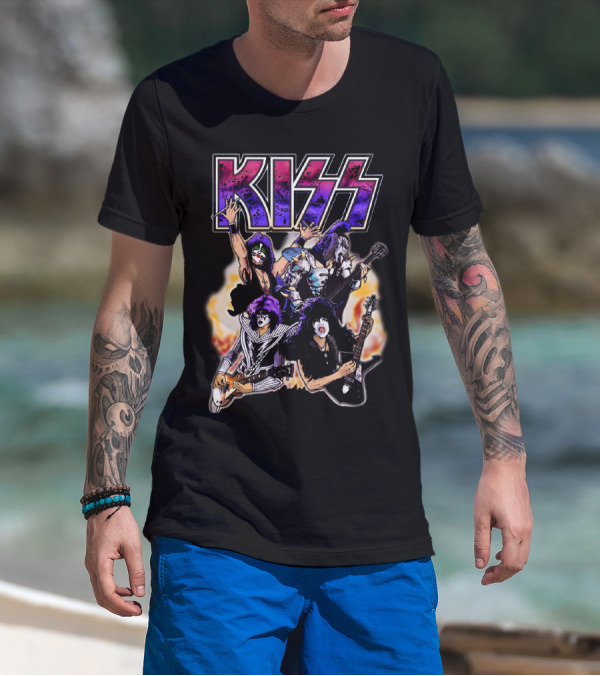 KISS Band Cartoon Graphic With Fire Background T-Shirt