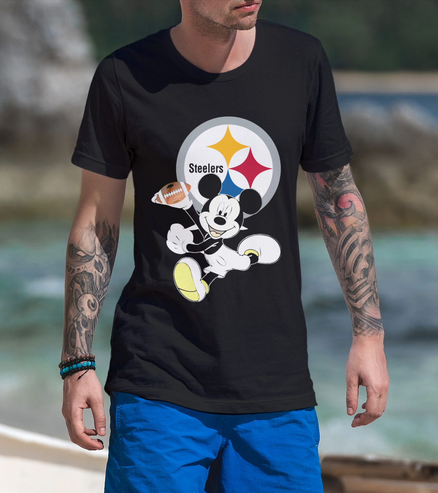 Mickey Mouse With Steelers Logo And Football T-Shirt