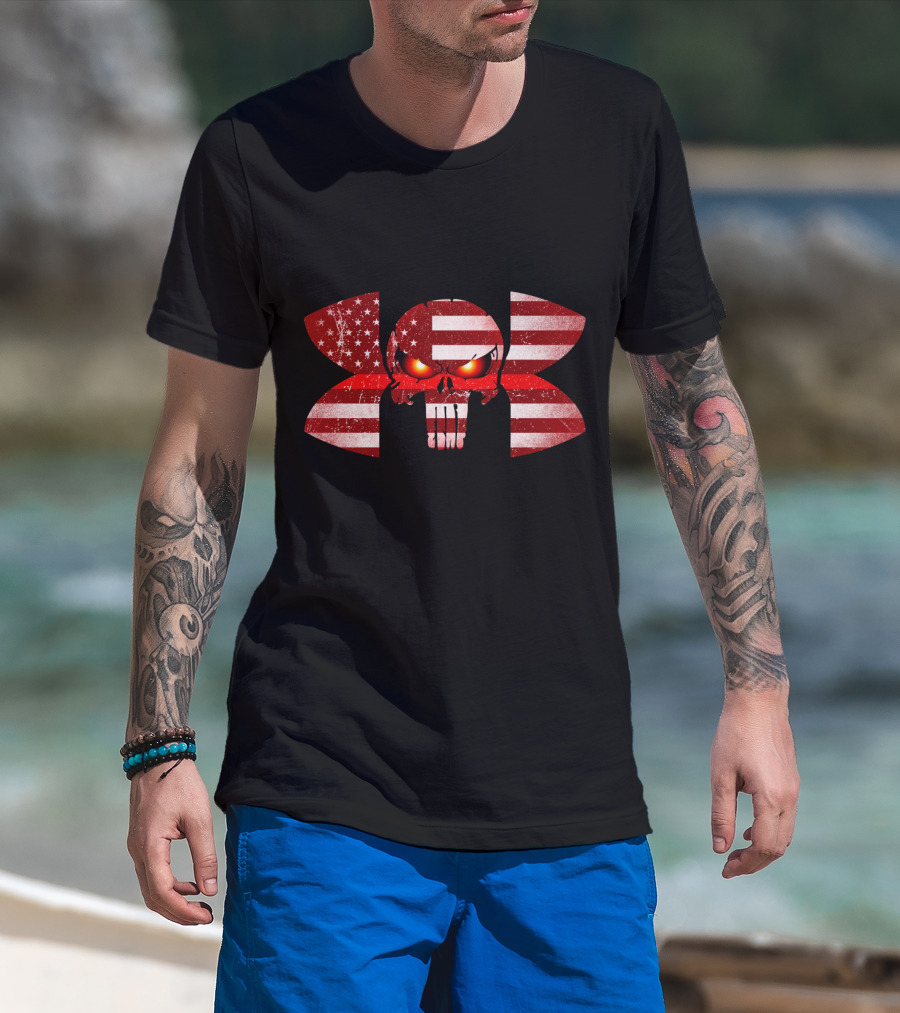Firefighter Skull American Flag Under Armour Punisher Eyes T-Shirt