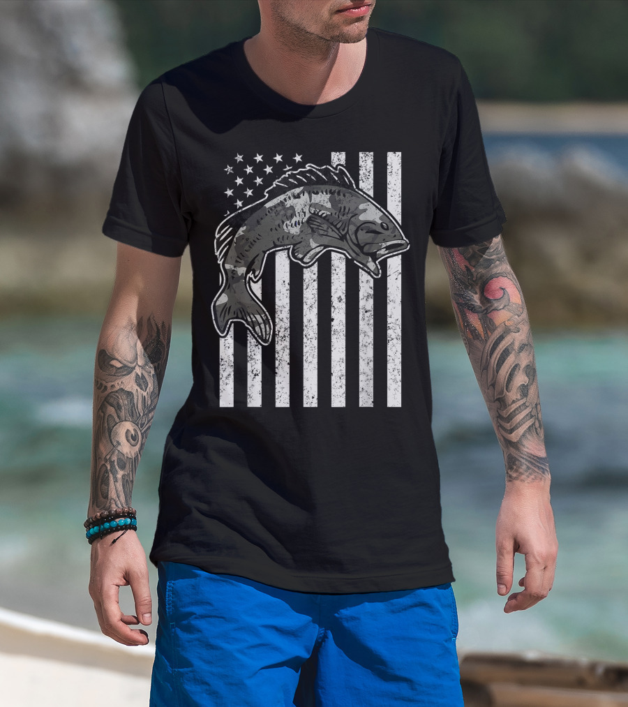 American Flag Camouflage Bass Fishing Mens T-Shirt