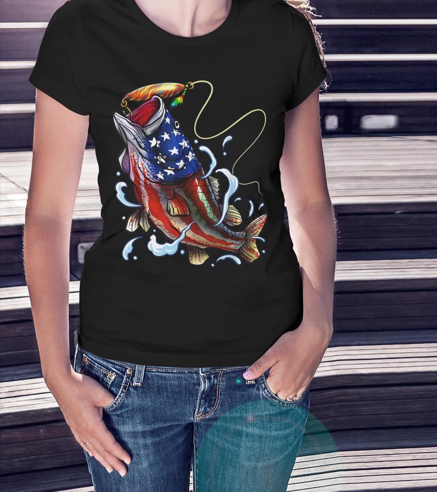 American Flag Bass Fishing Angler Dad Fish T-Shirt