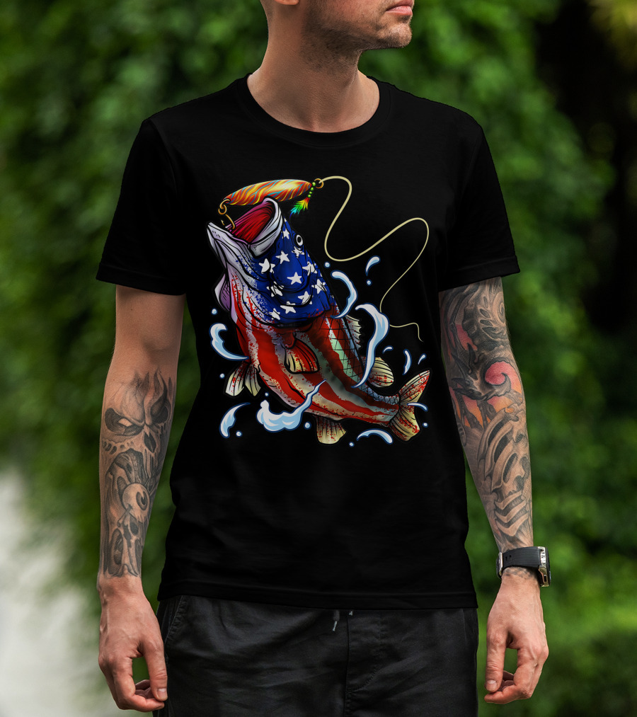 American Flag Bass Fishing Angler Dad Fish T-Shirt