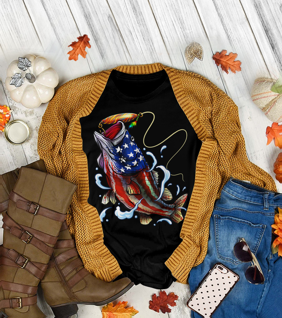 American Flag Bass Fishing Angler Dad Fish T-Shirt