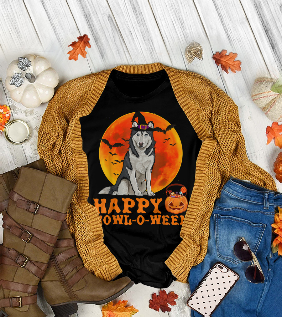 Halloween Siberian Husky Dog Happy Howl-O-Ween Pumpkin Moon Bats T-Shirt