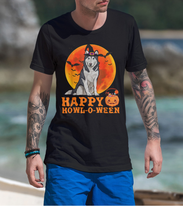Halloween Siberian Husky Dog Happy Howl-O-Ween Pumpkin Moon Bats T-Shirt