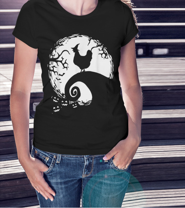 Funny Chicken Halloween Moon Pumpkin Nightmare Hill Scene T-Shirt