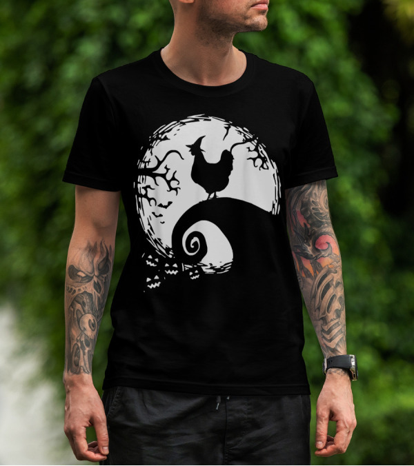 Funny Chicken Halloween Moon Pumpkin Nightmare Hill Scene T-Shirt