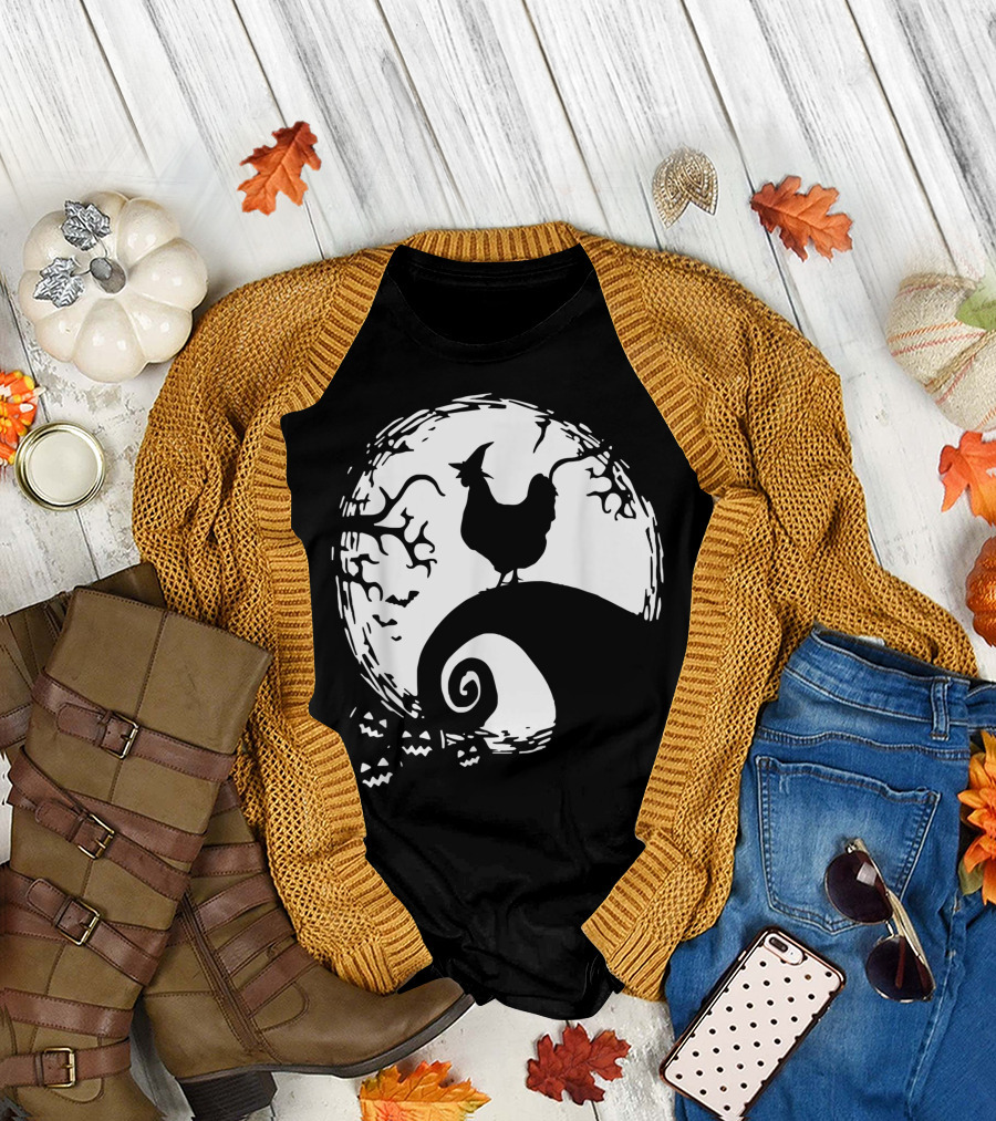Funny Chicken Halloween Moon Pumpkin Nightmare Hill Scene T-Shirt