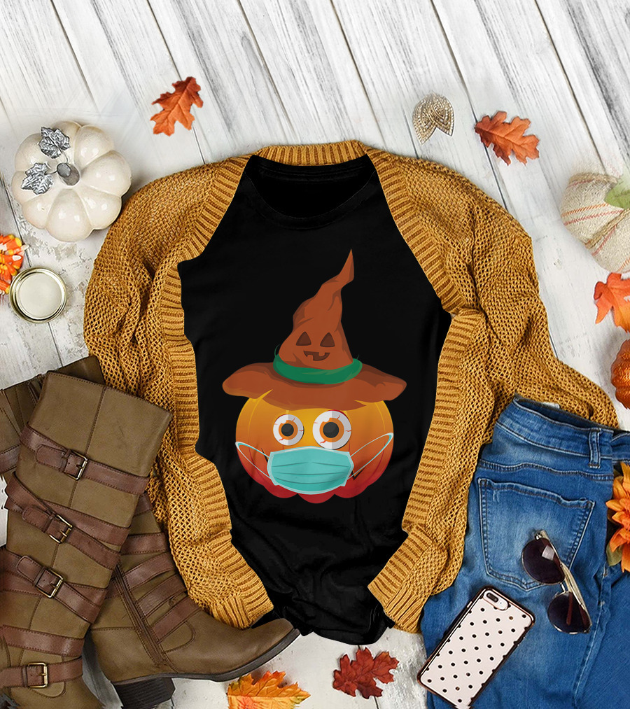 Funny Pumpkin Mask Witch Hat Costume T-Shirt