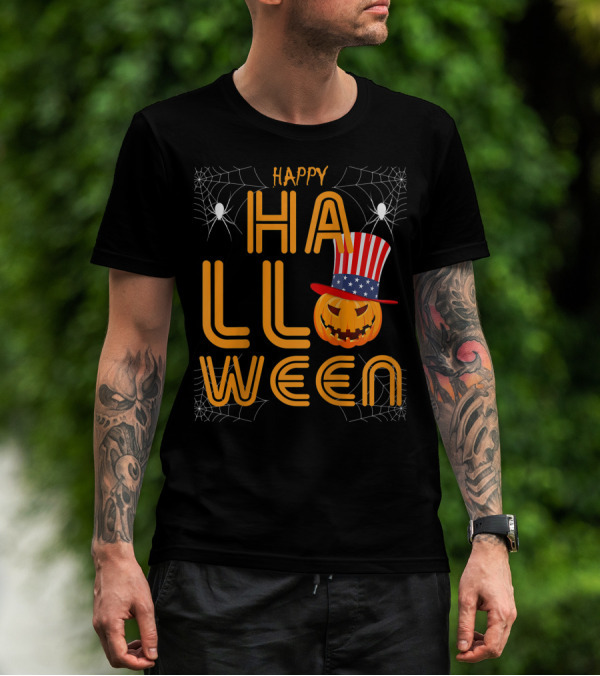 Happy Halloween Funny Orange Pumpkin American Flag Hat With Spider Webs T-Shirt