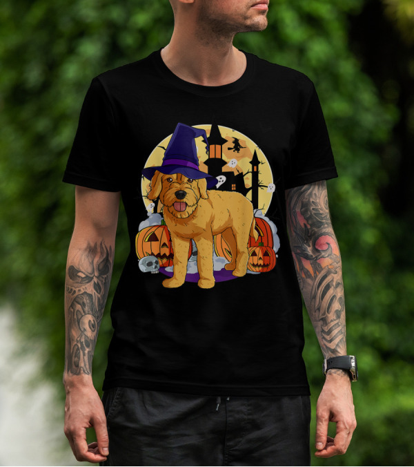 Happy Halloween Goldendoodle Dog Witch Hat Pumpkin Moon Haunted House Ghosts T-Shirt