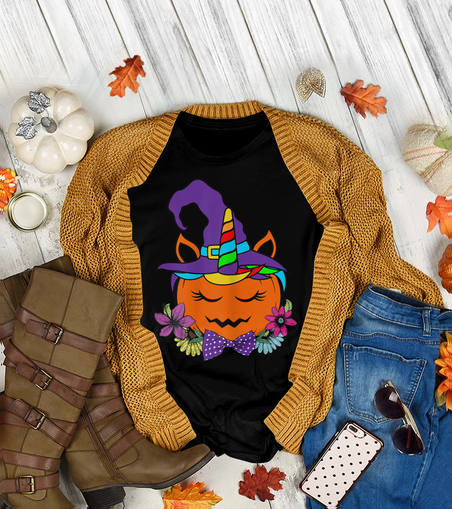Unicorn Pumpkin Halloween Witch Hat Colorful Flowers Bowtie T-Shirt