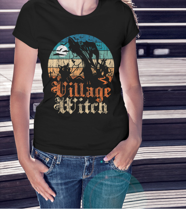 Village Witch Cat Silhouette Moon Sunset T-Shirt