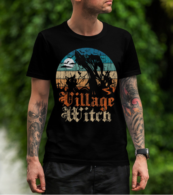 Village Witch Cat Silhouette Moon Sunset T-Shirt
