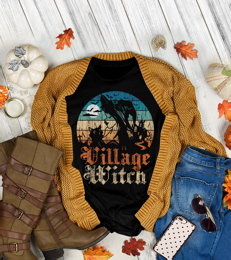 Village Witch Cat Silhouette Moon Sunset T-Shirt