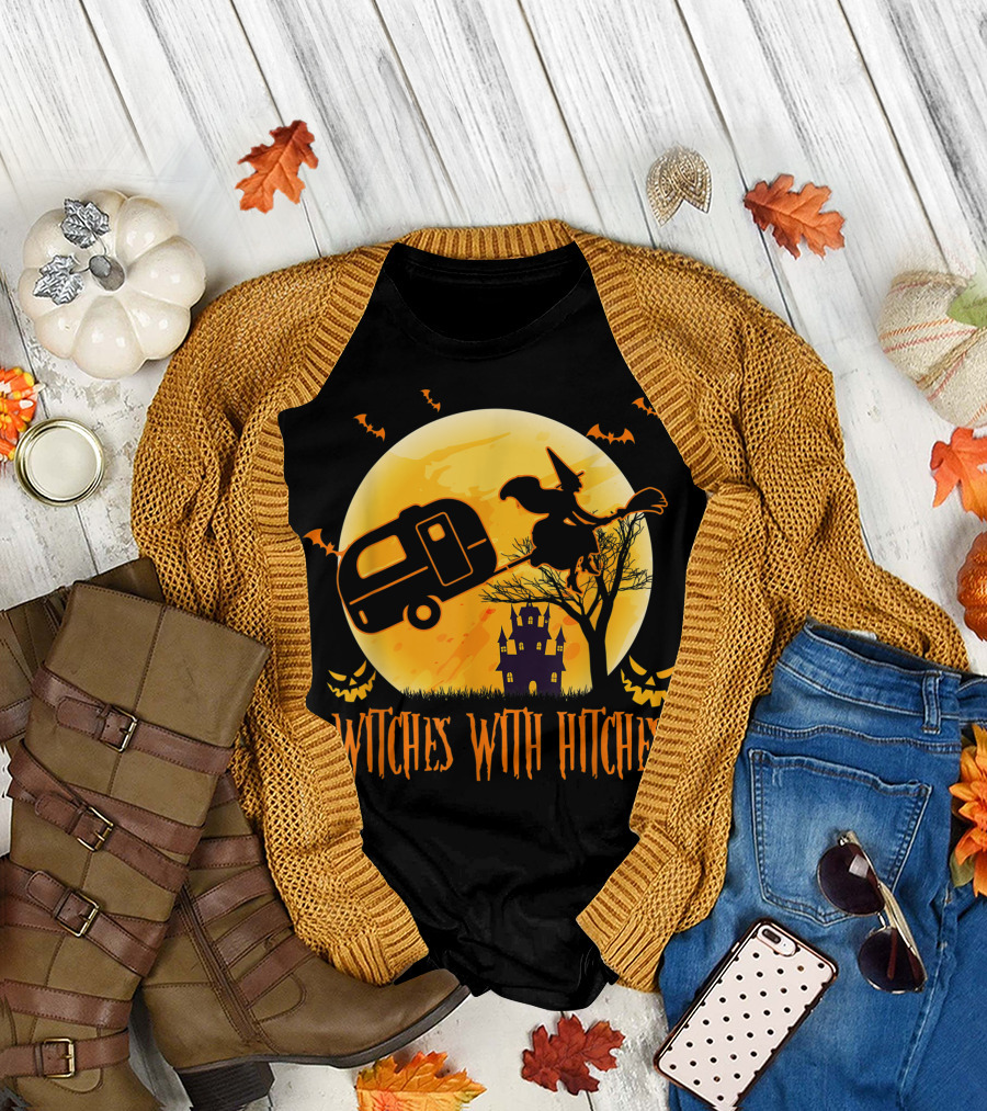 Witches With Hitches Funny Halloween Camping Best Moon Bats Castle Jack-o'-Lanterns T-Shirt