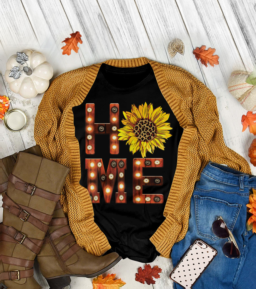 Sunflower Marquee Letters Home Word with Leopard Center Halloween Fall Pumpkins Colorful T-Shirt
