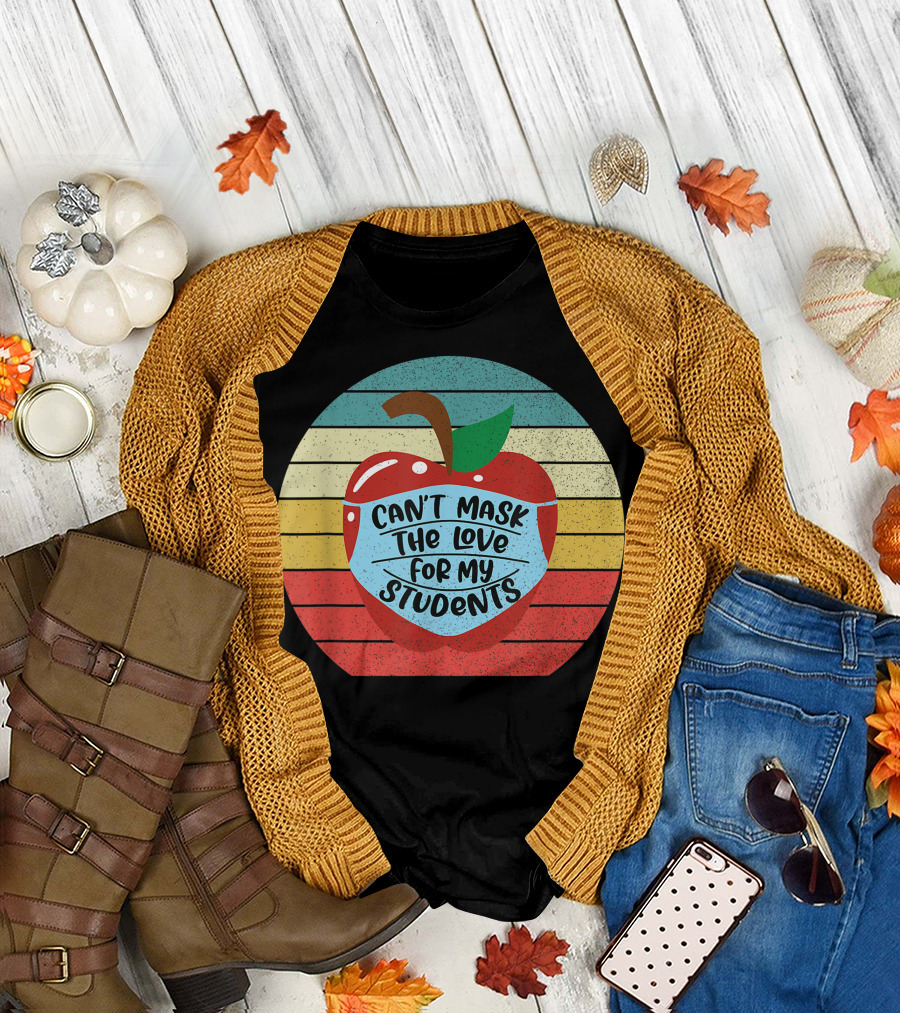 Can't Mask The Love For My Students Apple Mask Rainbow Stripes Retro T-Shirt