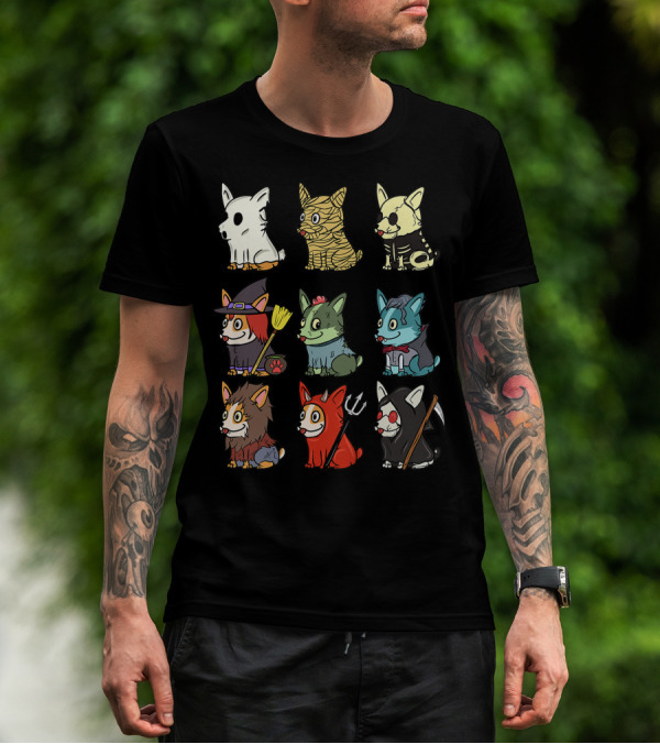 Corgi In Scary Ghost, Mummy, Skeleton, Witch, Zombie, Vampire, Werewolf, Devil, And Grim Reaper Costumes Funny Dog T-Shirt