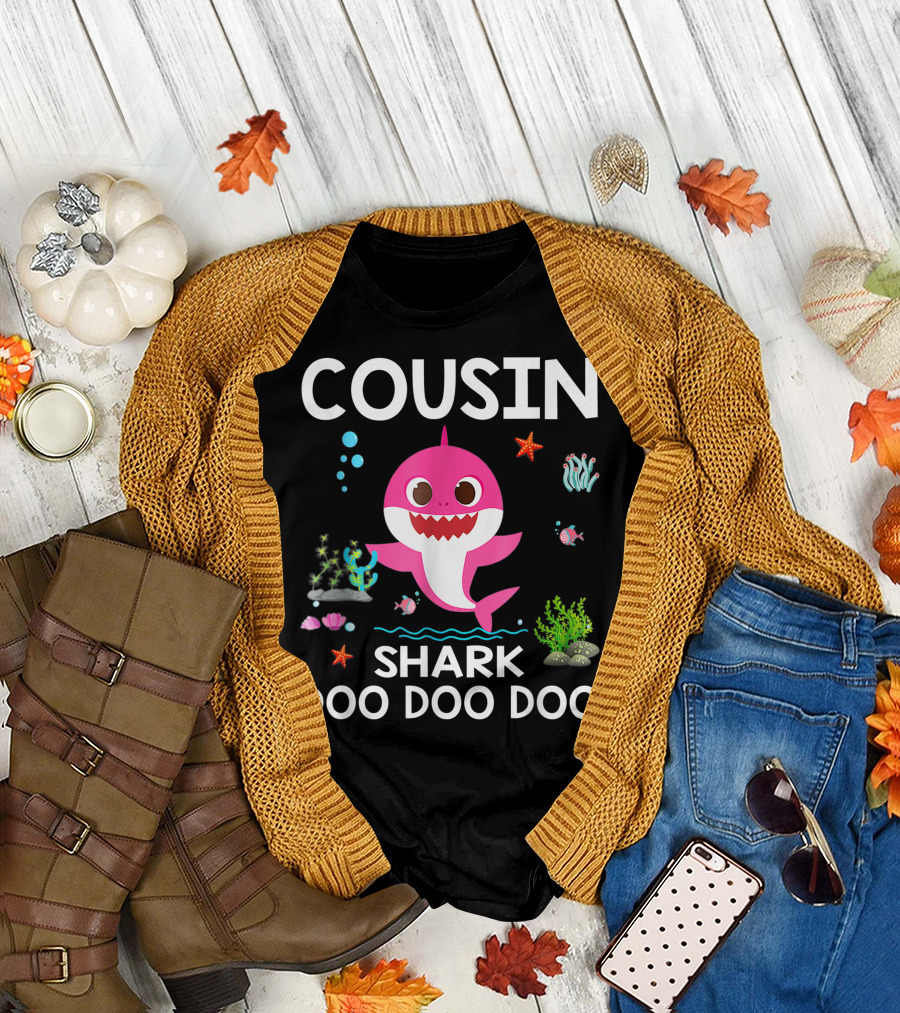 Cousin Shark Doo Doo Doo Funny Cousin Best Birthday with Underwater Sea Creatures and Pink Shark T-Shirt