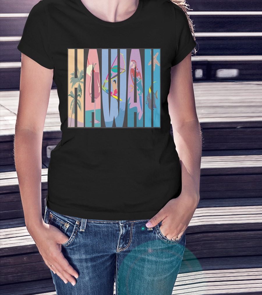 Hawaii Aloha Pearl Island Surf Sand State Floral Fish Tropical Parrot And Starfish T-Shirt