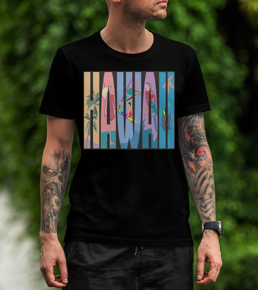 Hawaii Aloha Pearl Island Surf Sand State Floral Fish Tropical Parrot And Starfish T-Shirt