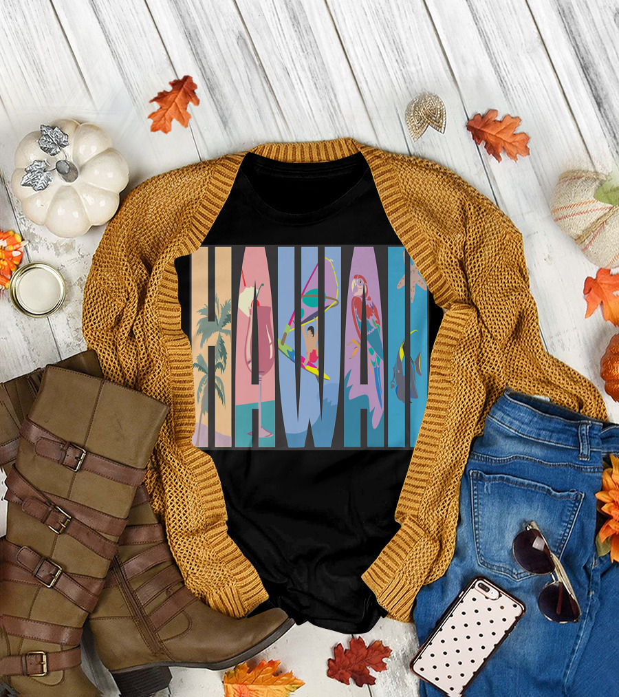 Hawaii Aloha Pearl Island Surf Sand State Floral Fish Tropical Parrot and Starfish T-Shirt
