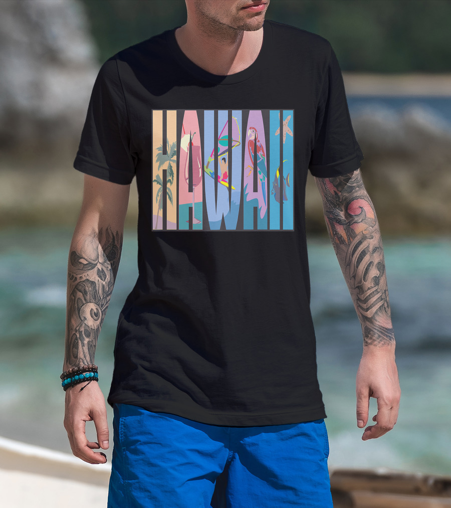Hawaii Aloha Pearl Island Surf Sand State Floral Fish Tropical Parrot And Starfish T-Shirt