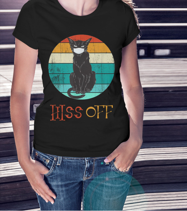 Hiss Off Black Kitty With Mask And Retro Stripes T-Shirt