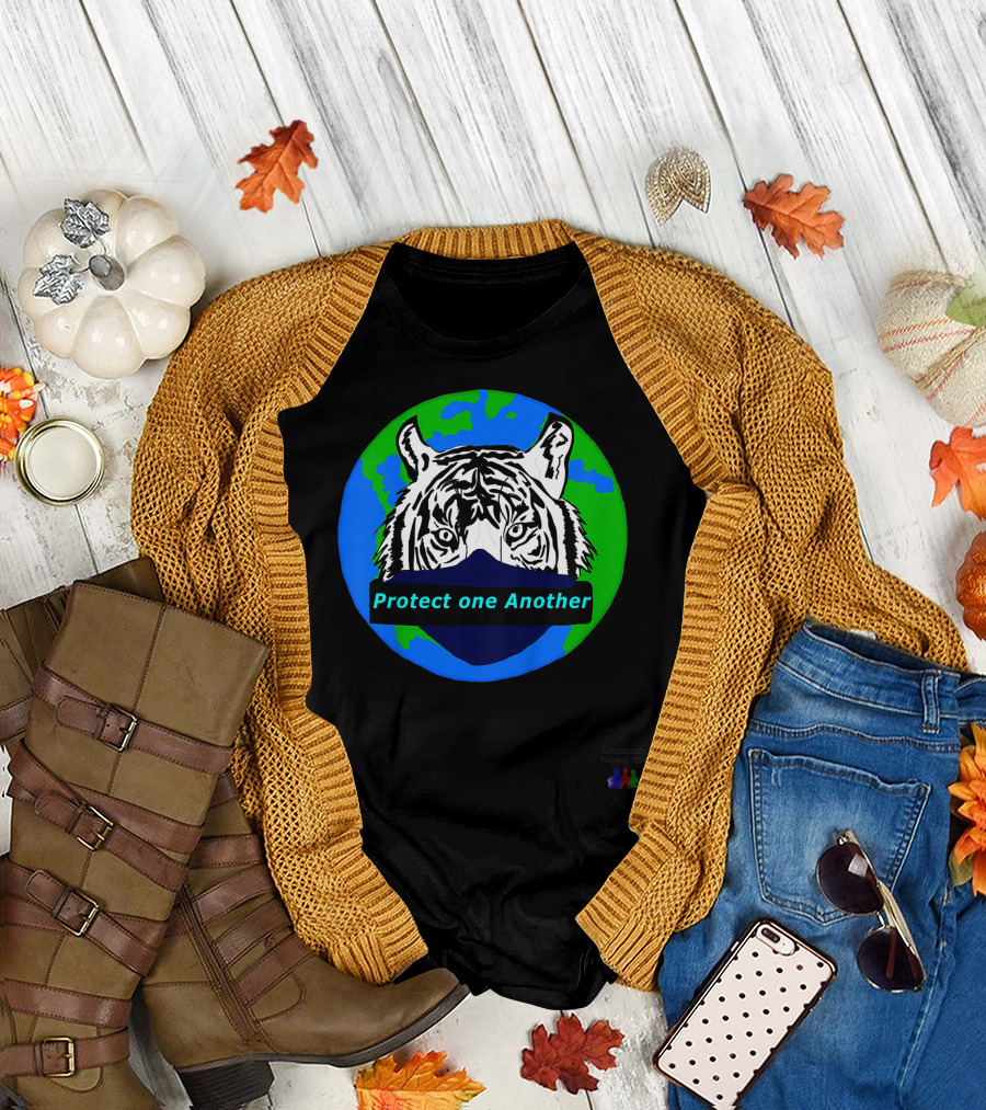 Lucmarty Protect One Another Tiger Wearing Face Mask Over Earth T-Shirt