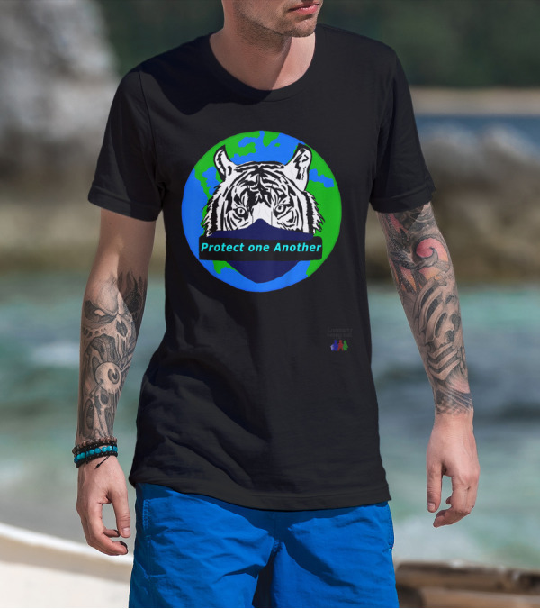 Lucmarty Protect One Another Tiger Wearing Face Mask Over Earth T-Shirt