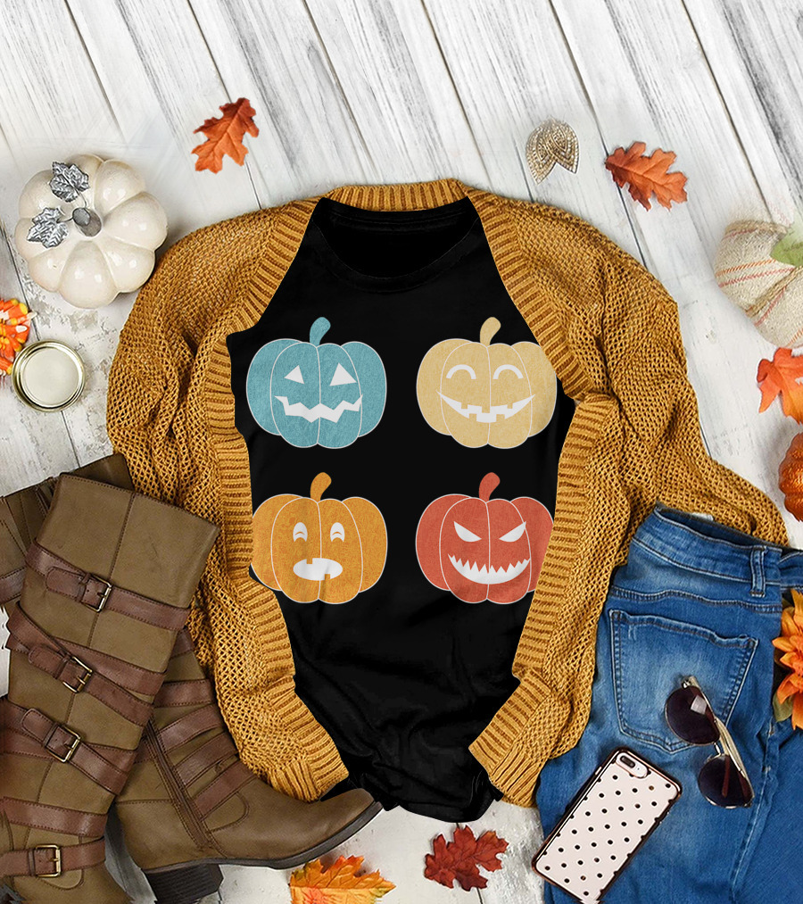 Vintage Halloween Colorful Pumpkin Faces T-Shirt