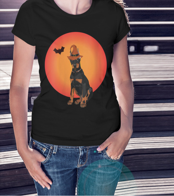 Women Doberman Dog Halloween Witch Hat Puppy And Animal Lovers T-Shirt