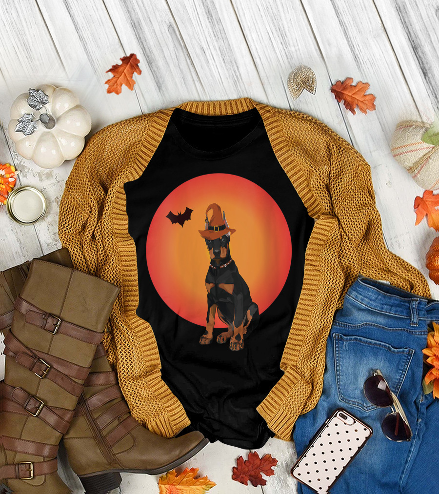Women Doberman Dog Halloween Witch Hat Puppy And Animal Lovers T-Shirt