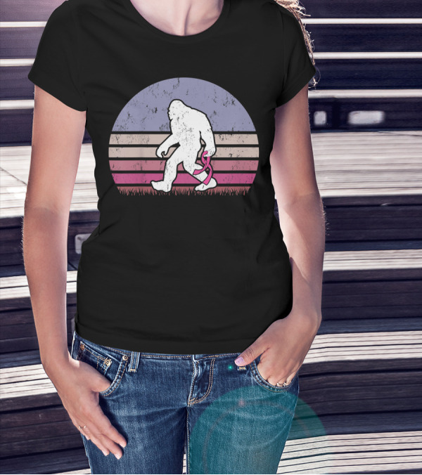 Vintage Bigfoot Breast Cancer Awareness Pink Ribbon Retro Stripes T-Shirt