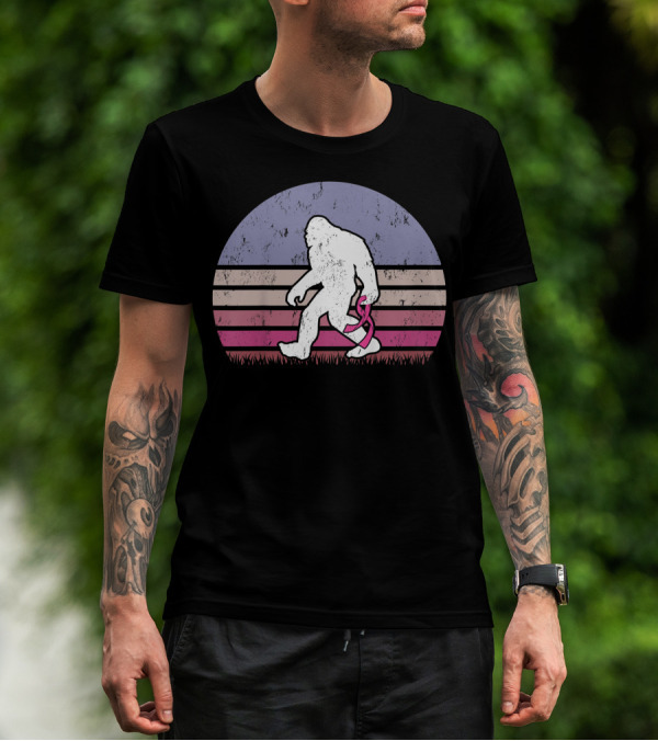 Vintage Bigfoot Breast Cancer Awareness Pink Ribbon Retro Stripes T-Shirt