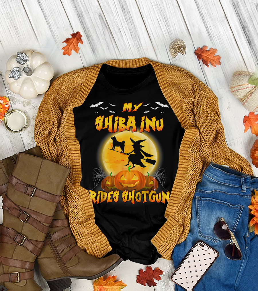 My Shiba Inu Rides Shotgun Halloween Moon Witch Pumpkins T-Shirt