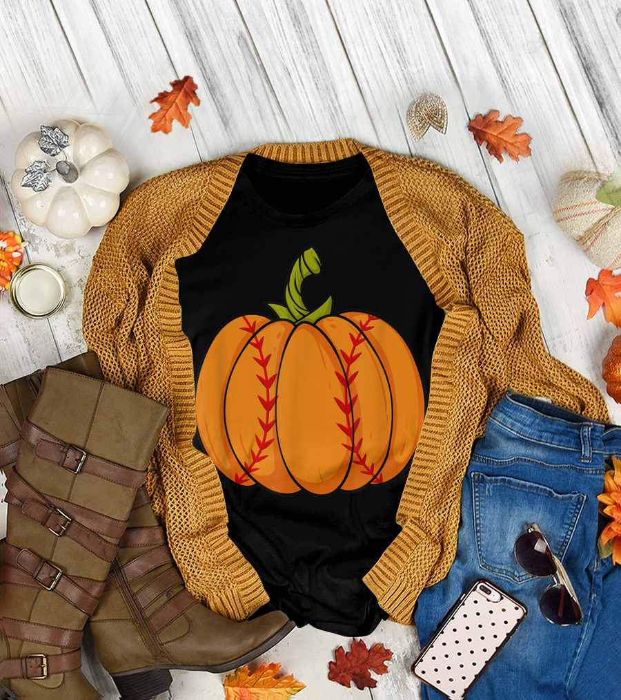 Thanksgiving Baseball Halloween Pumpkin Boys Pitcher Catcher Colorful Stitched T-Shirt