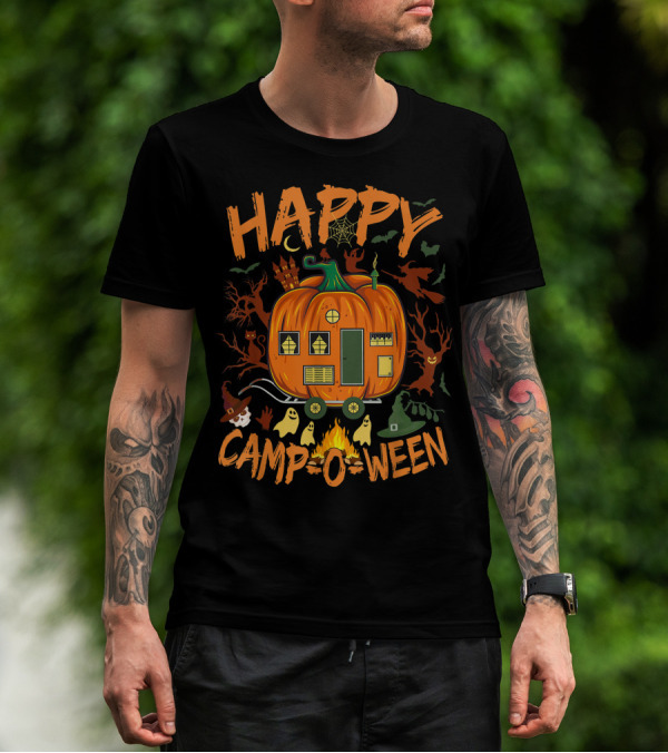 Happy Camp O Ween Halloween Camping Camper With Pumpkin, Ghosts, And Witch Hat T-Shirt