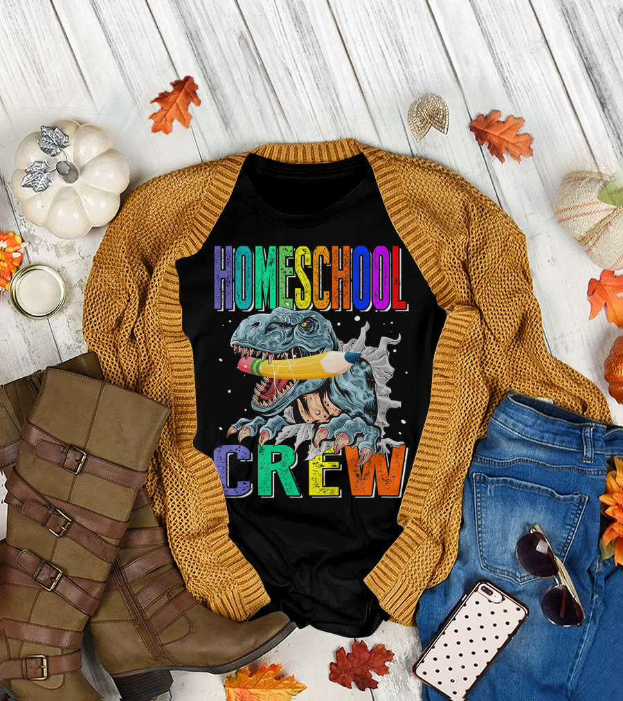 Homeschool Crew Dinosaur Funny Back To School Rainbow Colorful Pencil T-Rex T-Shirt