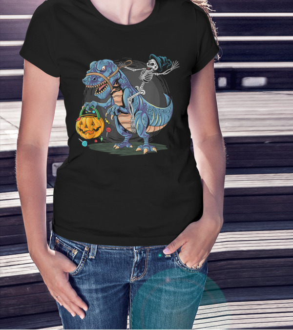 Skeleton With Candy Pumpkin Riding Rex Halloween T-Shirt