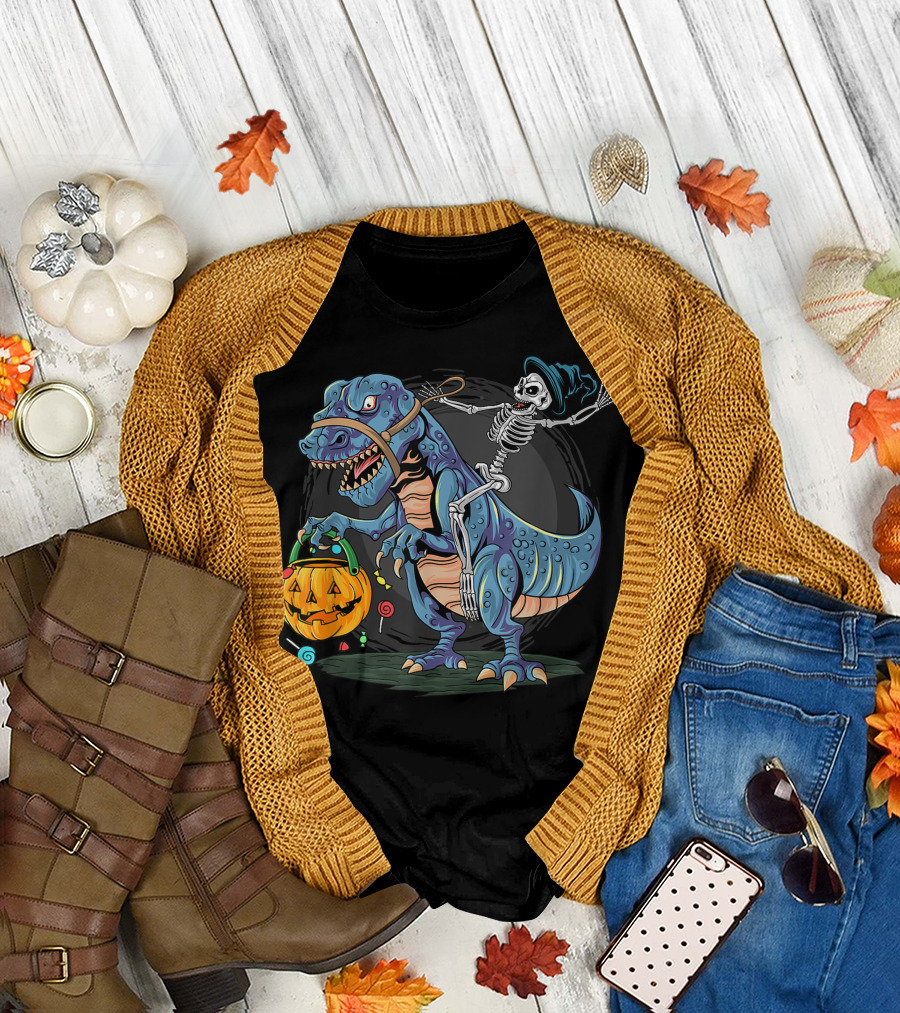 Skeleton With Candy Pumpkin Riding Rex Halloween T-Shirt
