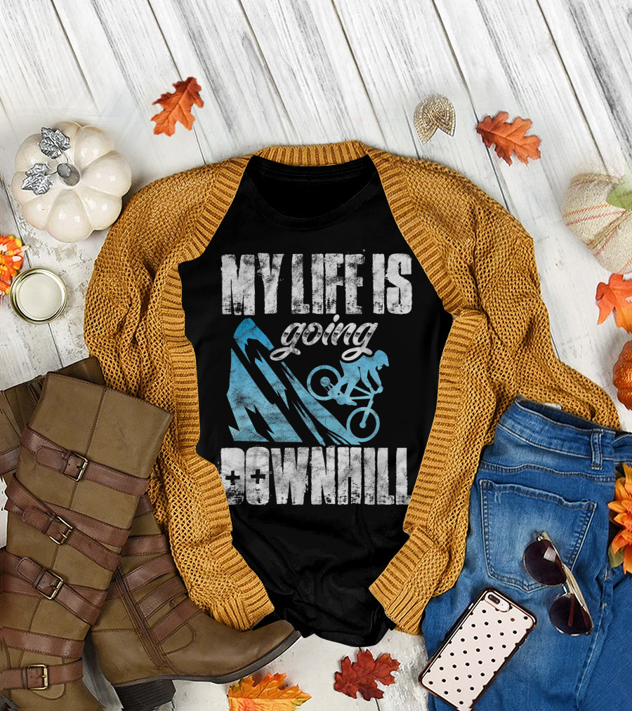 My Life Is Going Downhill Funny Mountain Biking Graphic with Cyclist and Mountain T-Shirt