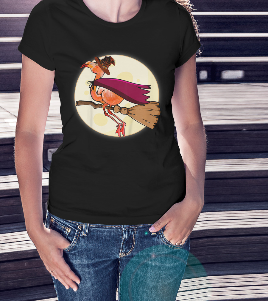 Funny Flamingo Witch Halloween Costume Colorful Lovers Broomstick Moon Hat T-Shirt
